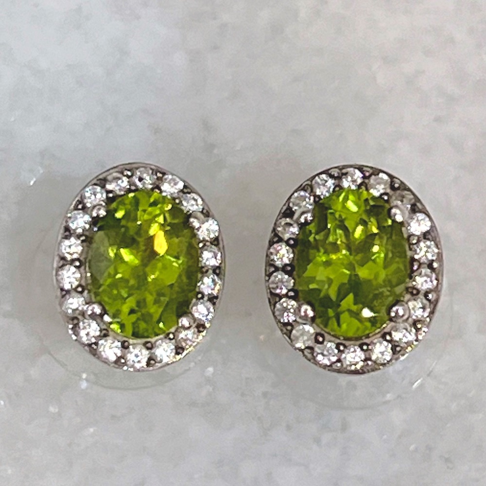 Peridot and Zircon Oval Halo Sterling Silver Stud Earrings